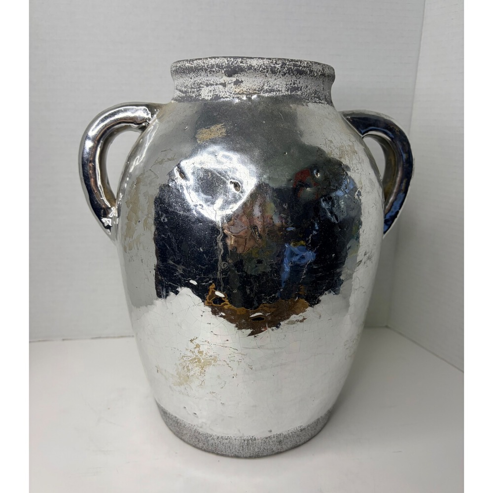 Rustic Metallic Silver Chrome Distressed Ceramic Amphora Vase Double Handle 12"